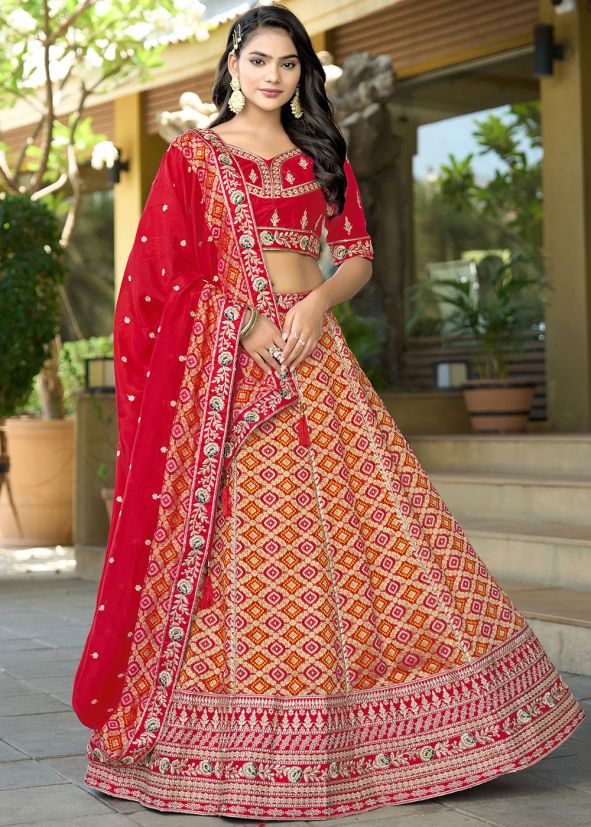 Red Zari Woven Viscose Lehenga Choli Set