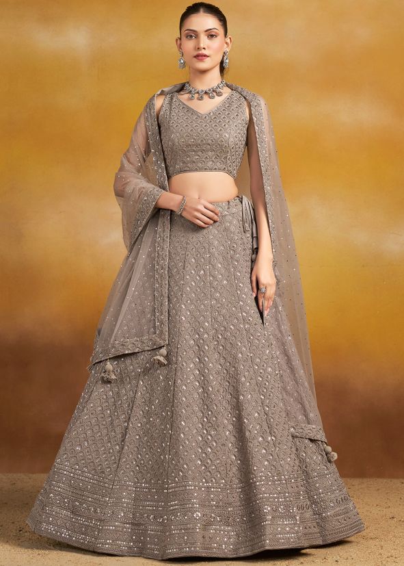 Grey Embroidered Georgette Lehenga Choli