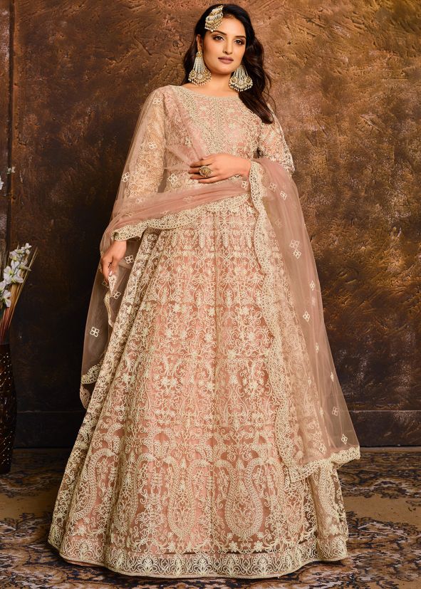 Buy Peach Embroidered Net Indian Anarkali Salwar Kameez USA