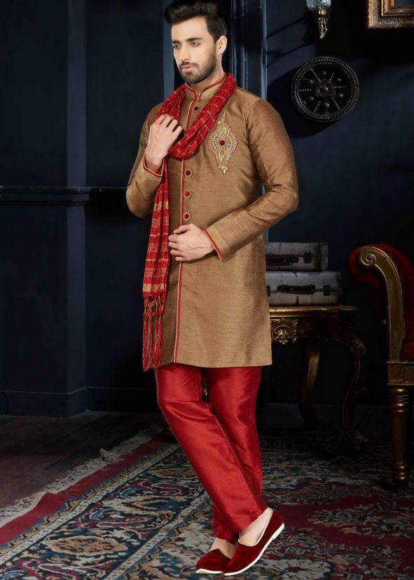 Readymade Brown Art Silk Sherwani