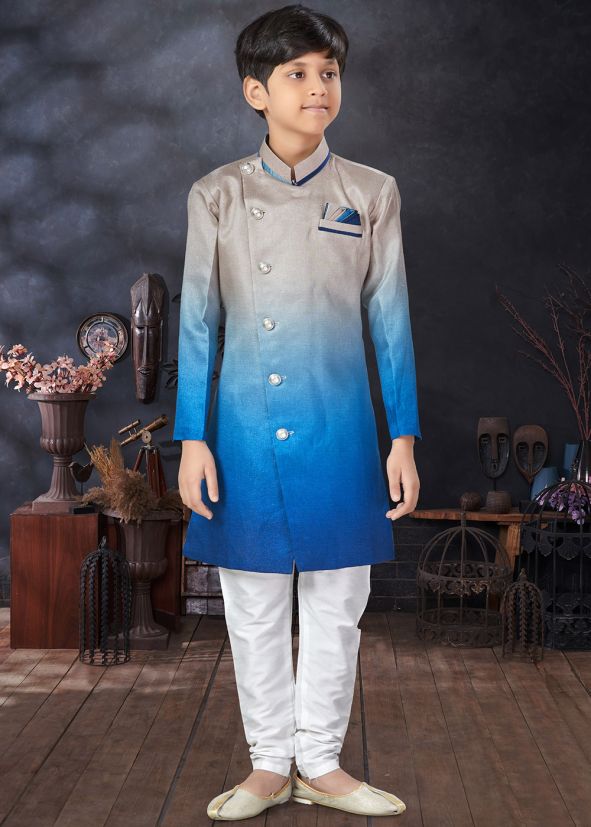 Blue Shaded Kids Sherwani In Art Silk