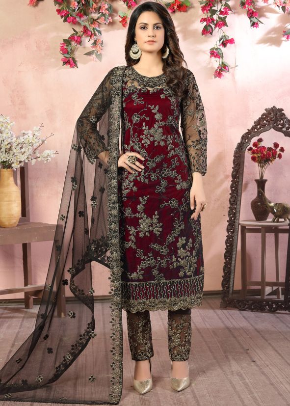 Maroon Embroidered Net Straight Cut Pant Salwar Suit