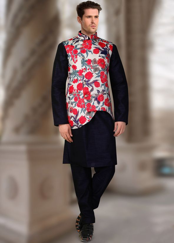 Buy Cream Floral Printed Asymmetric Designer Nehru Jacket USA