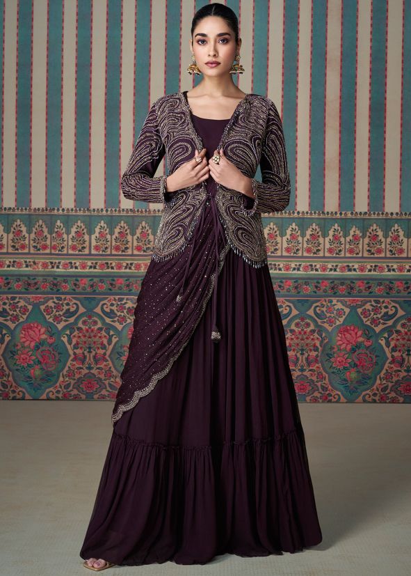 Readyamde Wine Embroidered Jacket Style Gown
