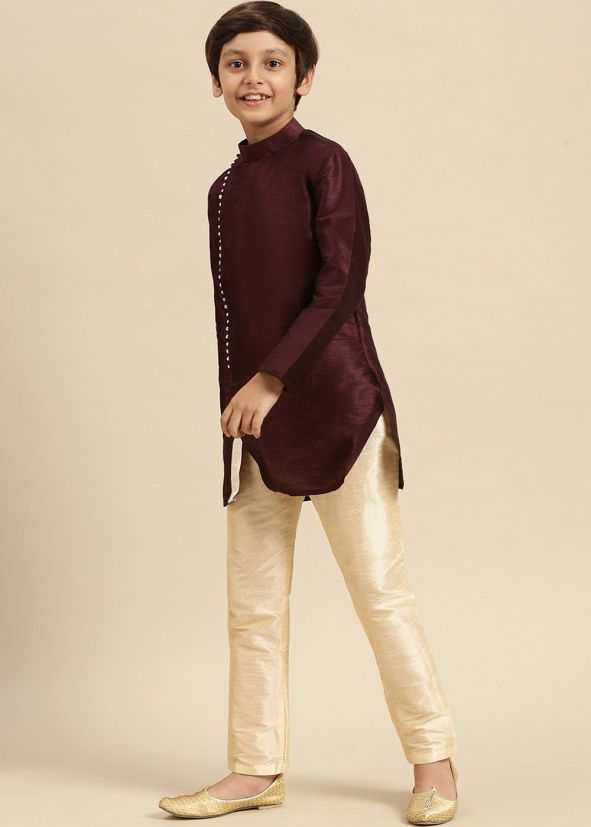 Brown Kids Readymade Plain Kurta & Pajama