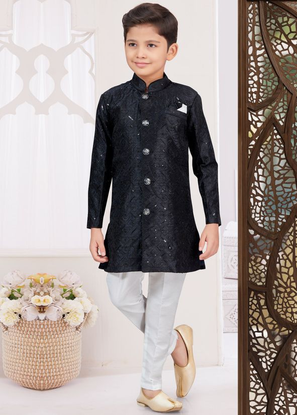 Readymade Kids Black Embroidered Indo Western Sherwani