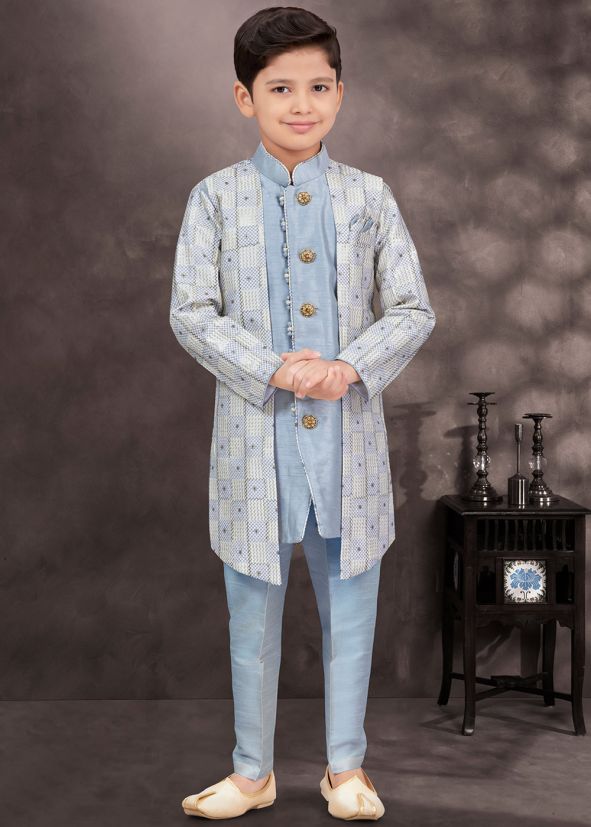 Grey Jacket Style Kids Embroidered Indo Western Sherwani Set