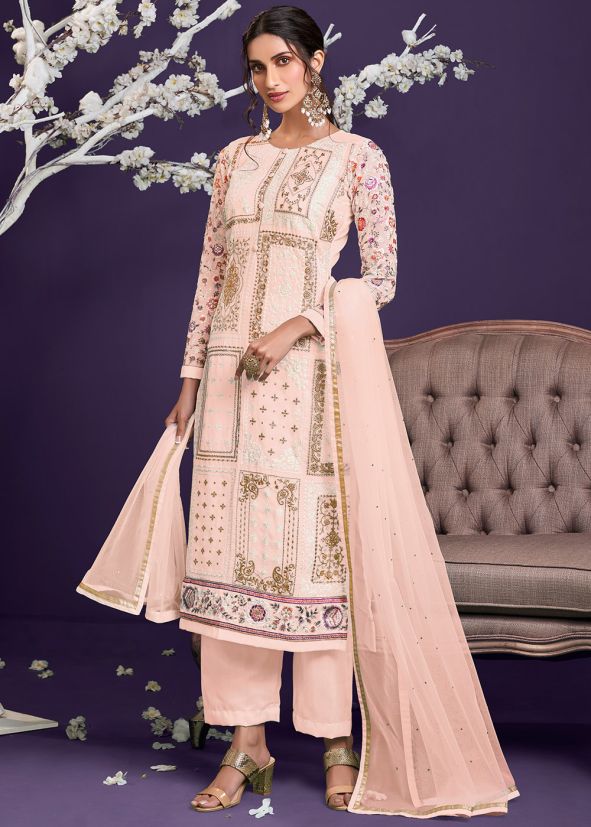 Peach Embroidered Georgette Suit With Dupatta