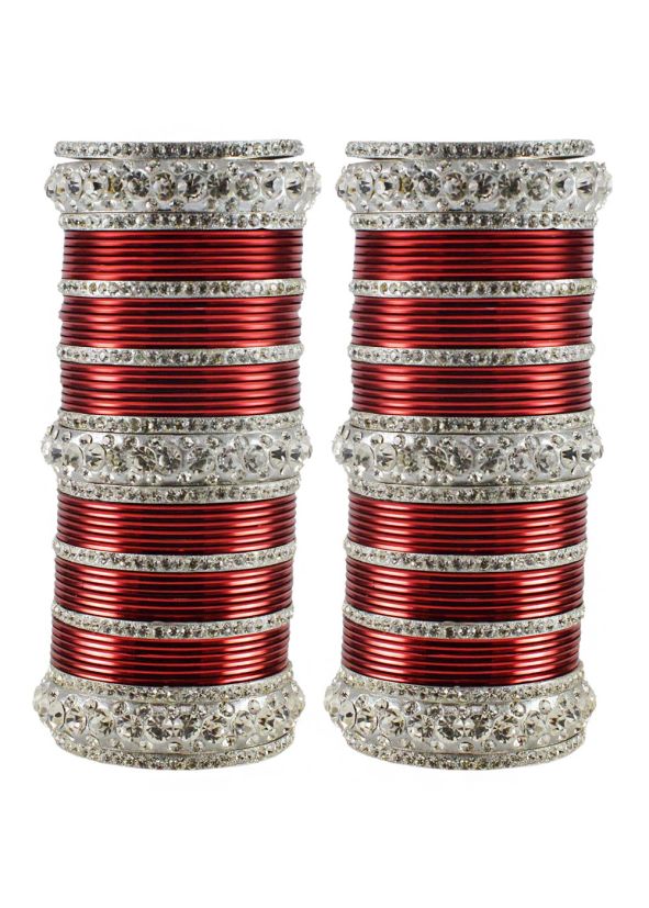 Stone Studded Red And Silver Bridal Bangle Set