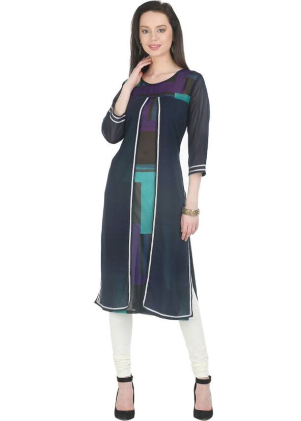 Navy Blue Printed Georgette Long Kurta