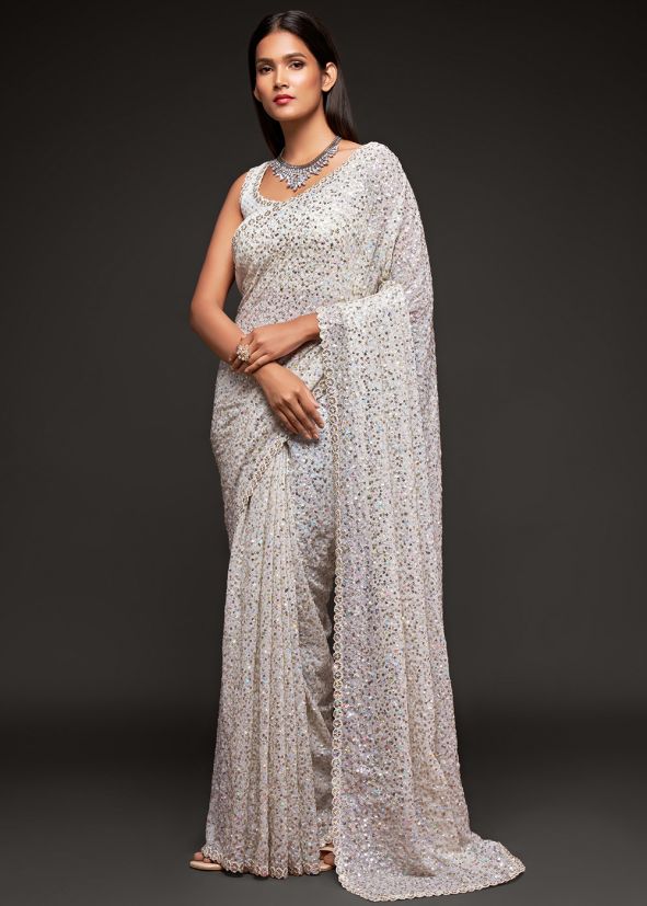 White Sequins Embroidered Heavy Saree In Georgette