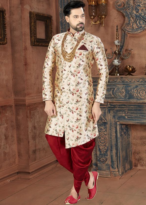 Golden Floral Printed Asymmetric Sherwani Dhoti Set