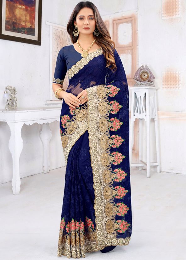 Blue Heavy Border Saree With Resham Work