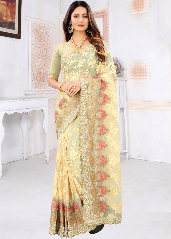 Cream Net Saree With Resham & Stone Work