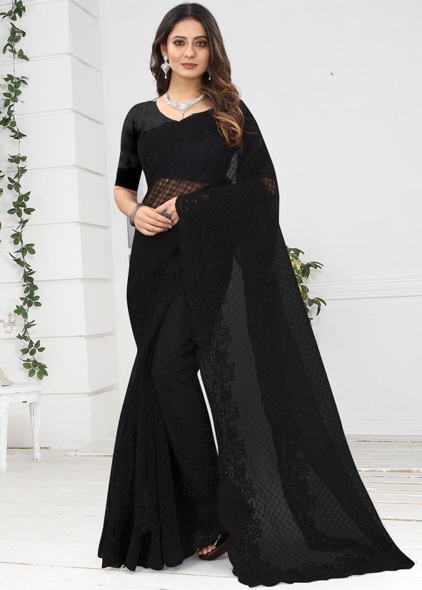 Black Net Saree With Resham & Cord Work