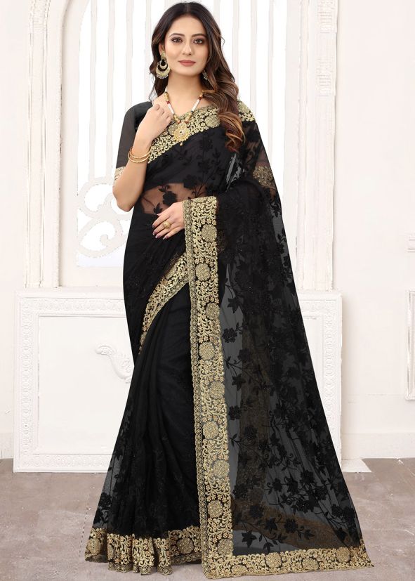 Black Resham Embroidered Saree In Net