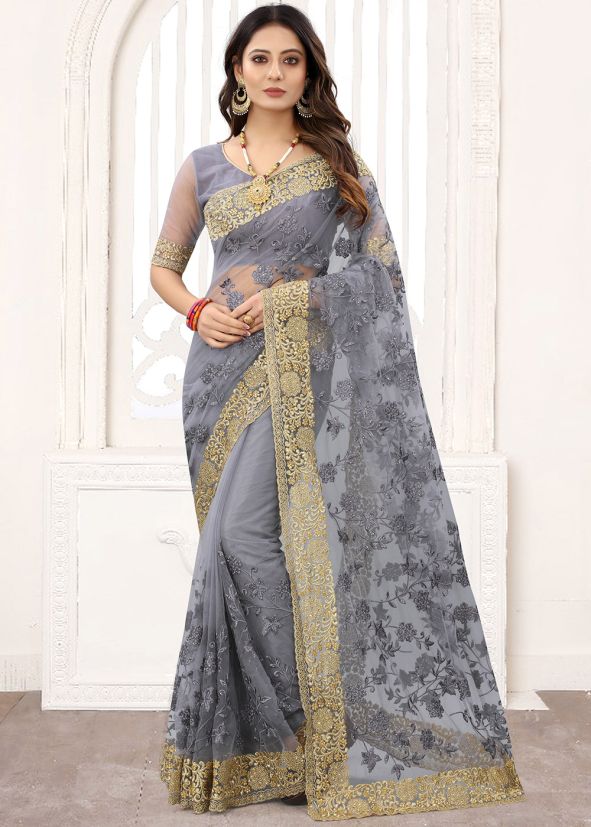 Grey Resham Embroidered Saree In Net