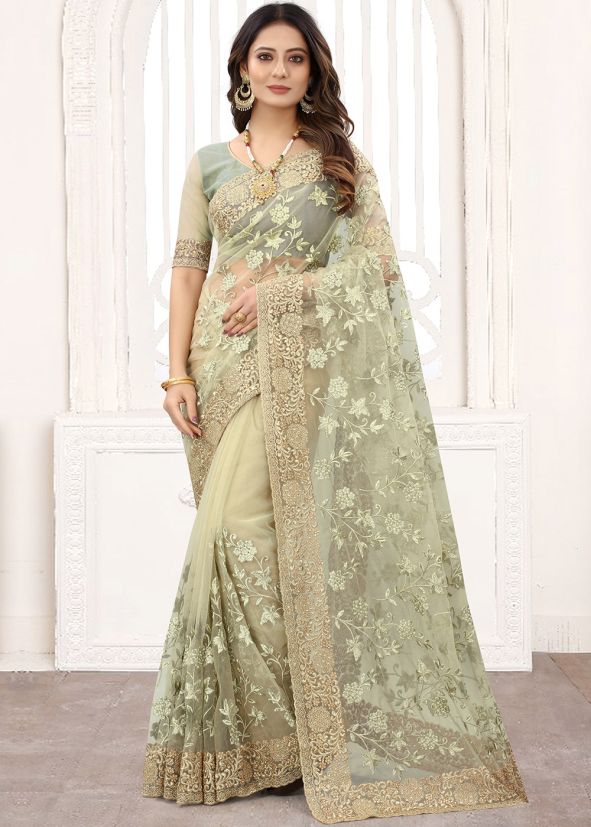 Green Embroidered Border Party Wear Net Saree