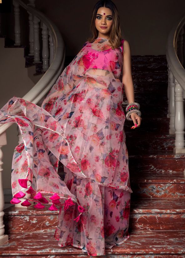 Pink Floral Print Organza Saree Online Shopping