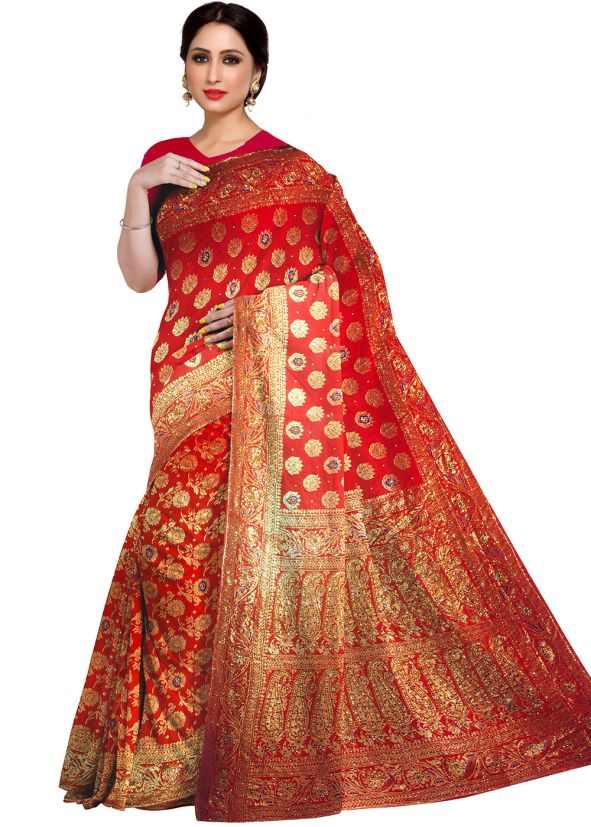 Red Bridal Hand Work Saree In Kanjivaram Silk