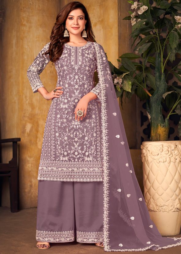 Purple Net Palazzo Suit With Thread Embroidery
