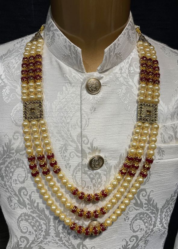 Cream Alloy Based Beaded Kantha Mala For Men