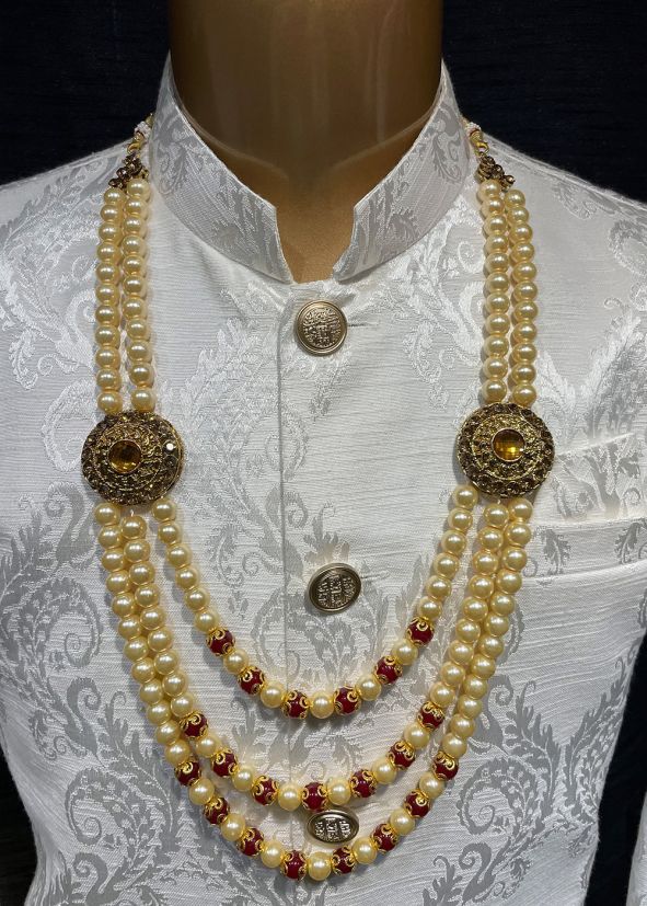 Cream Beaded Kantha Mala With Beads