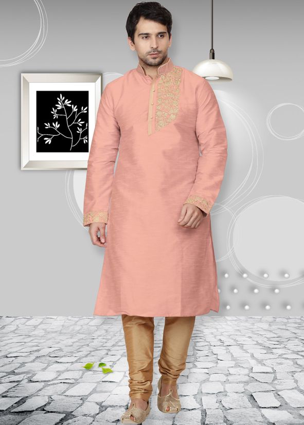 Readymade Peach Embroidered Dupion Silk Kurta Churidar Set