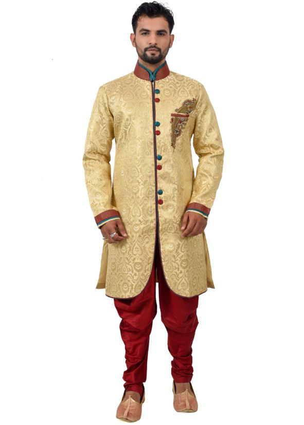 Golden Asymmetric Woven Readymade Sherwani Dhoti Set