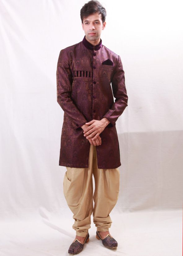 Readymade Maroon Woven Sherwani With Dhoti