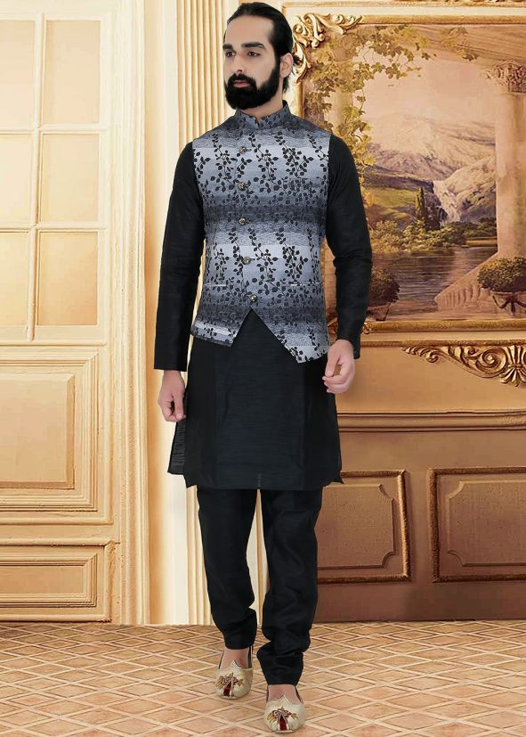 Grey Shaded Printed Asymmetric Nehru Jacket