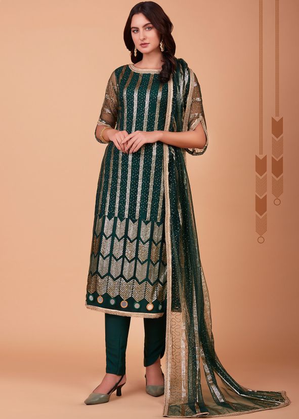 Green Net Embroidered Pant Suit Set
