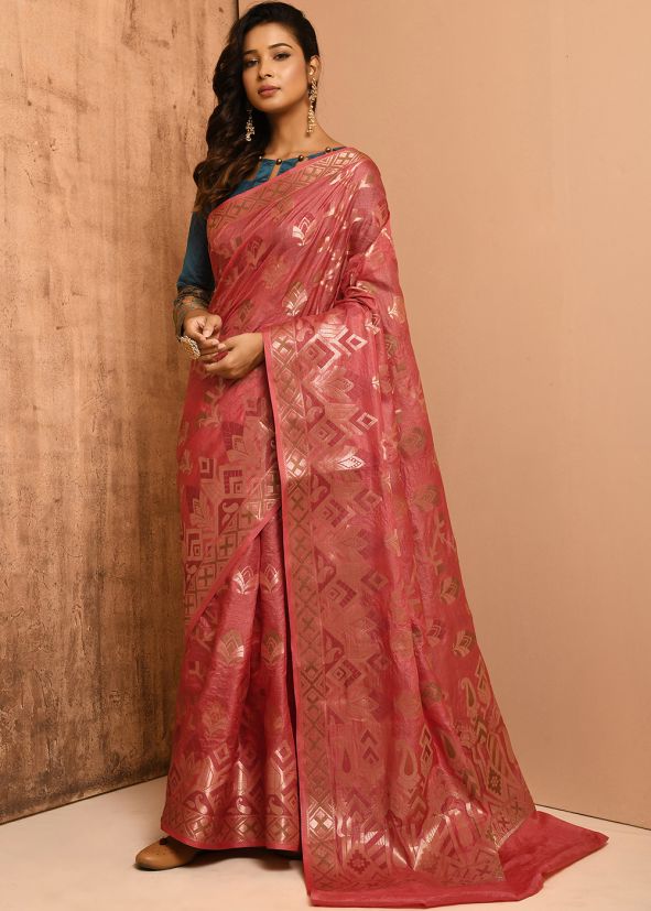 Peach Zari Woven Banarasi Silk Saree & Blouse