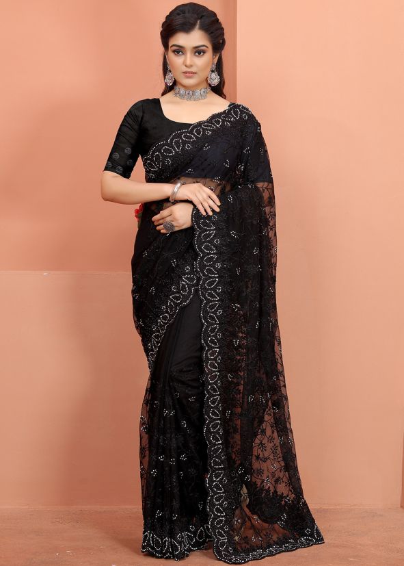 Black Net Resham Embroidered Saree