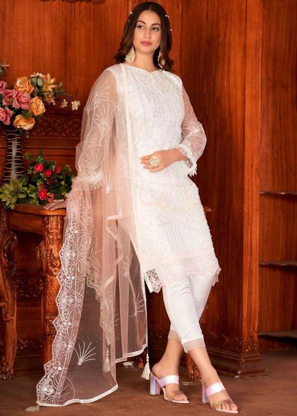 White Net Embroidered Pant Suit Set