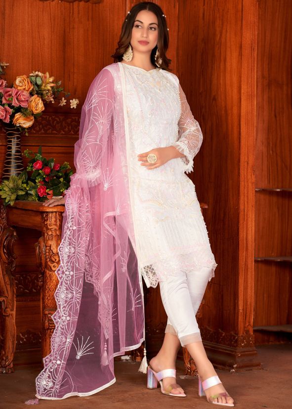 White Net Embroidered Pant Suit Set With Dupatta