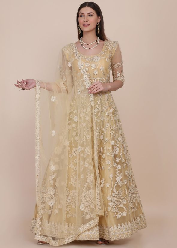 Cream Net Anarkali Suit Set In Thread Embroidery