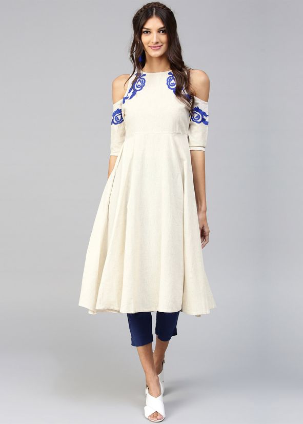 Readymade Cream Cold Shoulder Kurta With Pant