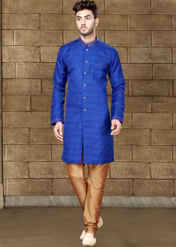 Readymade Blue Art Silk Sherwani with Churidar