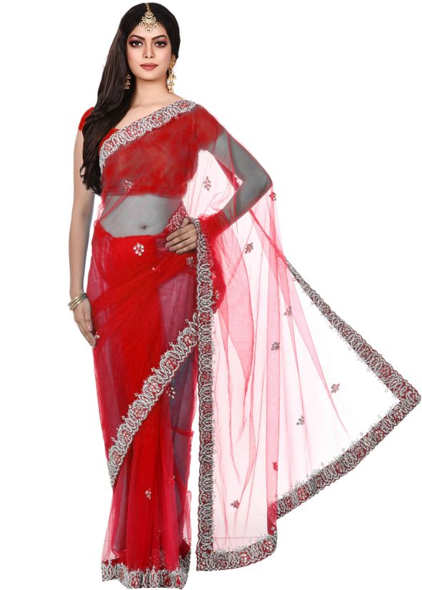 Red Stone Work Saree In Net