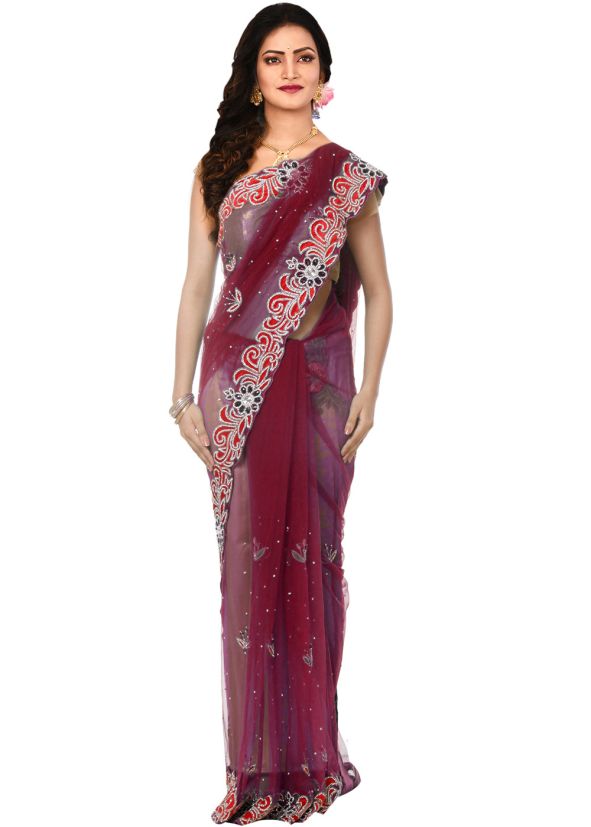 Maroon Net Embroidered Saree