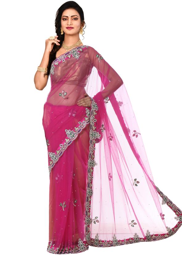 Pink Net Embroidered Saree