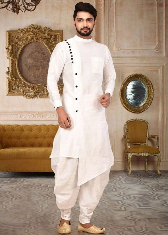 Readymade White Asymmetric Kurta With Dhoti