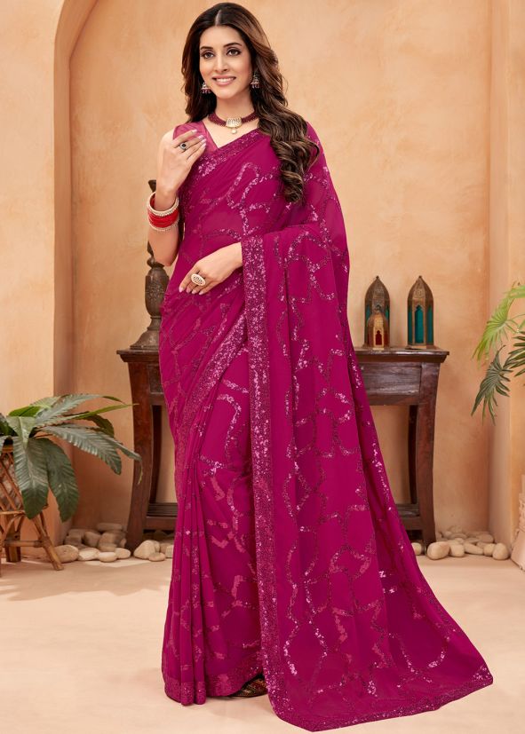 Pink Sequins Embellished Georgette Saree