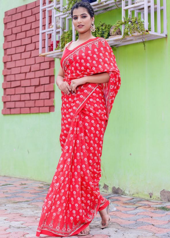 Red Georgette Saree In Digital Print