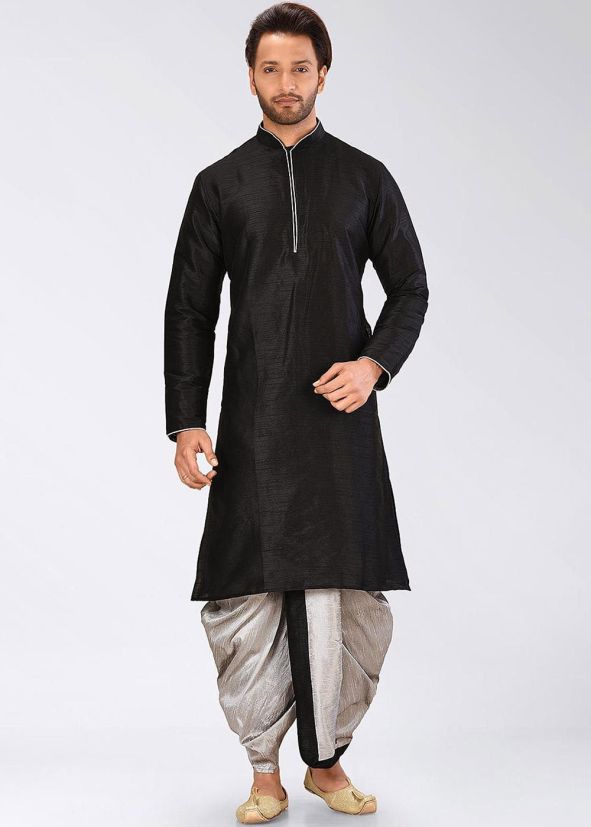 Black Dupion Silk Readymade Kurta With Dhoti