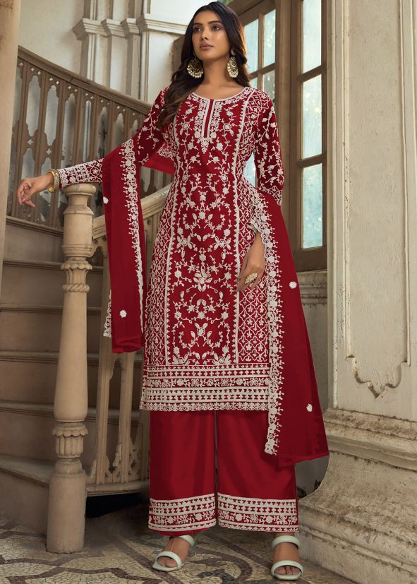 Red Embroidered Suit Set In Net