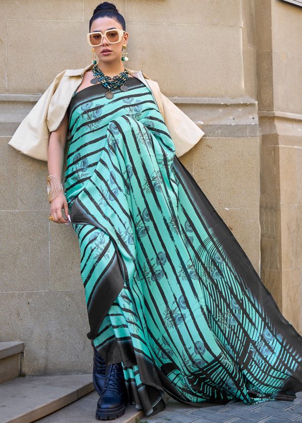 Turquoise Stripe Printed Satin Saree 