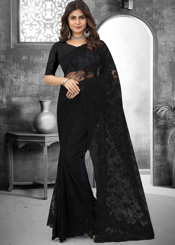 Black Resham Embroidered Net Saree