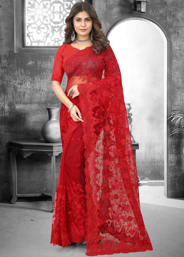 Red Resham Embroidered Net Saree & Blouse